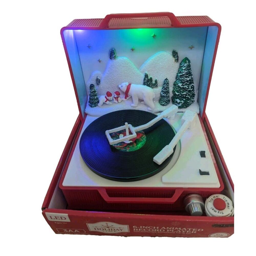 6" Polar Bear Family Christmas Scene Animated Musical Light Up Record Player New
